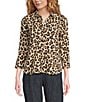 Current Air Rhinestone Leopard Point Collar 3/4 Sleeve Button Front Top, Color:Brown Leopard - Image 1
