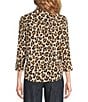 Current Air Rhinestone Leopard Point Collar 3/4 Sleeve Button Front Top, Color:Brown Leopard - Image 2