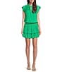 Current Air Ruffle Split Neck Flutter Sleeve Smocked Waist Mini Dress, Color:Spring Green - Image 1