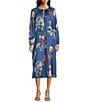 Current Air Satin Floral Print Split Round Neck Long Sleeve Tie Front Midi Dress - Image 1