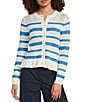 Current Air Striped Knit Crew Neck Long Sleeve Ruffle Hem Button Front Cardigan - Image 1