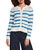 Current Air Striped Knit Crew Neck Long Sleeve Ruffle Hem Button Front Cardigan - Image 1