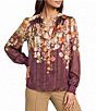 Current Air Woven Floral Print Split V-Neck Long Sleeve Blouse - Image 1
