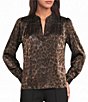 Current Air Woven Velvet Leopard Print Split V-Neck Long Sleeve Pullover Blouse - Image 1