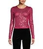 Color:Fuchsia - Image 1 - Long Sleeve Cropped Sequin Top
