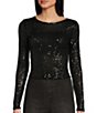 Color:Black - Image 1 - Long Sleeve Cropped Sequin Top