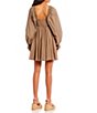 Color:Desert Taupe - Image 2 - Mixed Media Puff Sleeve Smocked Back Dress