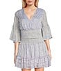 C&V Chelsea & Violet V-Neck Long Sleeve Coordinating Smocked Top, Color:Cool Indigo/White - Image 1