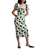Damaris Bailey Puff Sleeve Silk Sheath Midi Dress, Color:Green Floral - Image 1