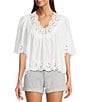 Dear John Lania Woven V-Neck 3/4 Sleeve Embroidered Scalloped Blouse, Color:White - Image 1