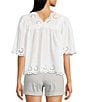 Dear John Lania Woven V-Neck 3/4 Sleeve Embroidered Scalloped Blouse, Color:White - Image 2