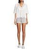 Dear John Lania Woven V-Neck 3/4 Sleeve Embroidered Scalloped Blouse, Color:White - Image 3