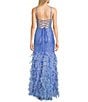 Color:Periwinkle - Image 2 - 3D Mesh Sequin Deep V-Neck Spaghetti Strap Lace Up Back Feathered Gown