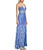 Color:Periwinkle - Image 3 - 3D Mesh Sequin Deep V-Neck Spaghetti Strap Lace Up Back Feathered Gown