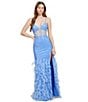 Dear Moon 3D Mesh Sequin Deep V-Neck Spaghetti Strap Lace Up Back Feathered Gown, Color:Periwinkle - Image 5
