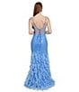 Color:Periwinkle - Image 6 - 3D Mesh Sequin Deep V-Neck Spaghetti Strap Lace Up Back Feathered Gown