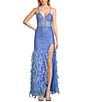Color:Periwinkle - Image 1 - 3D Mesh Sequin Deep V-Neck Spaghetti Strap Lace Up Back Feathered Gown