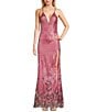 Color:Pink - Image 1 - Border Floral Placement Sequin V-Neck Spaghetti Strap Side Slit Gown