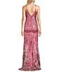 Color:Pink - Image 2 - Border Floral Placement Sequin V-Neck Spaghetti Strap Side Slit Gown