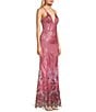 Color:Pink - Image 3 - Border Floral Placement Sequin V-Neck Spaghetti Strap Side Slit Gown