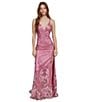 Color:Pink - Image 5 - Border Floral Placement Sequin V-Neck Spaghetti Strap Side Slit Gown