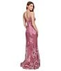Color:Pink - Image 6 - Border Floral Placement Sequin V-Neck Spaghetti Strap Side Slit Gown