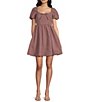 Dear Moon Check Print Short Puff Sleeve Tie Front Dress - Image 1