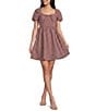 Dear Moon Check Print Short Puff Sleeve Tie Front Dress - Image 1