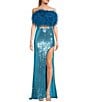 Color:Turquoise - Image 1 - Faux Feather Strapless Sequin Embellished Long Two-Piece Dress