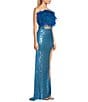 Color:Turquoise - Image 3 - Faux Feather Strapless Sequin Embellished Long Two-Piece Dress