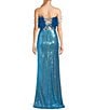 Color:Turquoise - Image 2 - Faux Feather Strapless Sequin Embellished Long Two-Piece Dress