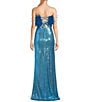 Dear Moon Faux Feather Strapless Sequin Embellished Long Two-Piece Dress, Color:Turquoise - Image 2