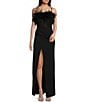 Color:Black - Image 1 - Matte Stretch Feathered Bodice Corset Pleated Front Slit Gown