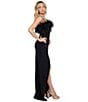 Color:Black - Image 6 - Matte Stretch Feathered Bodice Corset Pleated Front Slit Gown
