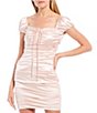 Color:Blush - Image 4 - Capped Sleeve Ruched Satin Knit Sheath Dress