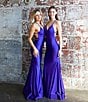 Color:Purple - Image 5 - Shiny Stretch Twist Front V-Neck Spaghetti Strap Gown