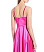 Color:Hot Pink - Image 4 - Spaghetti Strap Plunging V-Neck Glam Satin Side Slit Sleeveless Ball Gown