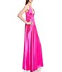 Color:Hot Pink - Image 5 - Spaghetti Strap Plunging V-Neck Glam Satin Side Slit Sleeveless Ball Gown