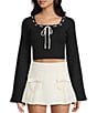 Dee Elly Cropped Scoop Neck Long Sleeve Sweater Top, Color:Black - Image 1