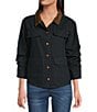 Democracy Contrast Corduroy Collar Long Rushed Sleeve Patch Pocket Button-Front Jacket, Color:Black - Image 2