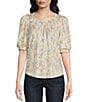 Color:Cream Multi - Image 1 - Ditsy Print Ruched Crew Neck Elbow Length Sleeve Top