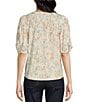Color:Cream Multi - Image 2 - Ditsy Print Ruched Crew Neck Elbow Length Sleeve Top