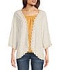 Color:Off White Natural - Image 1 - Embroidered 3/4 Sleeve Scalloped Trim Open-Front Kimono