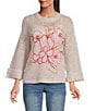 Democracy Embroidered Floral Round Neck Long Sleeve Openwork Sweater, Color:Heather Light/Oatmeal Multi - Image 1