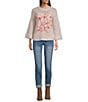Democracy Embroidered Floral Round Neck Long Sleeve Openwork Sweater, Color:Heather Light/Oatmeal Multi - Image 3