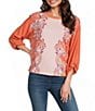 Democracy Embroidered Floral Boat Neck 3/4 Sleeve Knit Top - Image 1