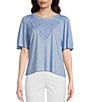 Color:Provence Blue - Image 1 - Embroidered Knit Round Neck Elbow Bell Sleeve Top