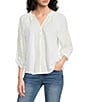 Democracy Embroidered Mixed-Media Ruffle Split V-Neck 3/4 Blouson Sleeve Top - Image 1