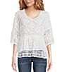 Color:White - Image 1 - Embroidered Woven Round Neck 3/4 Sleeve Tiered Peplum Top