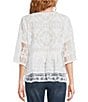 Color:White - Image 2 - Embroidered Woven Round Neck 3/4 Sleeve Tiered Peplum Top